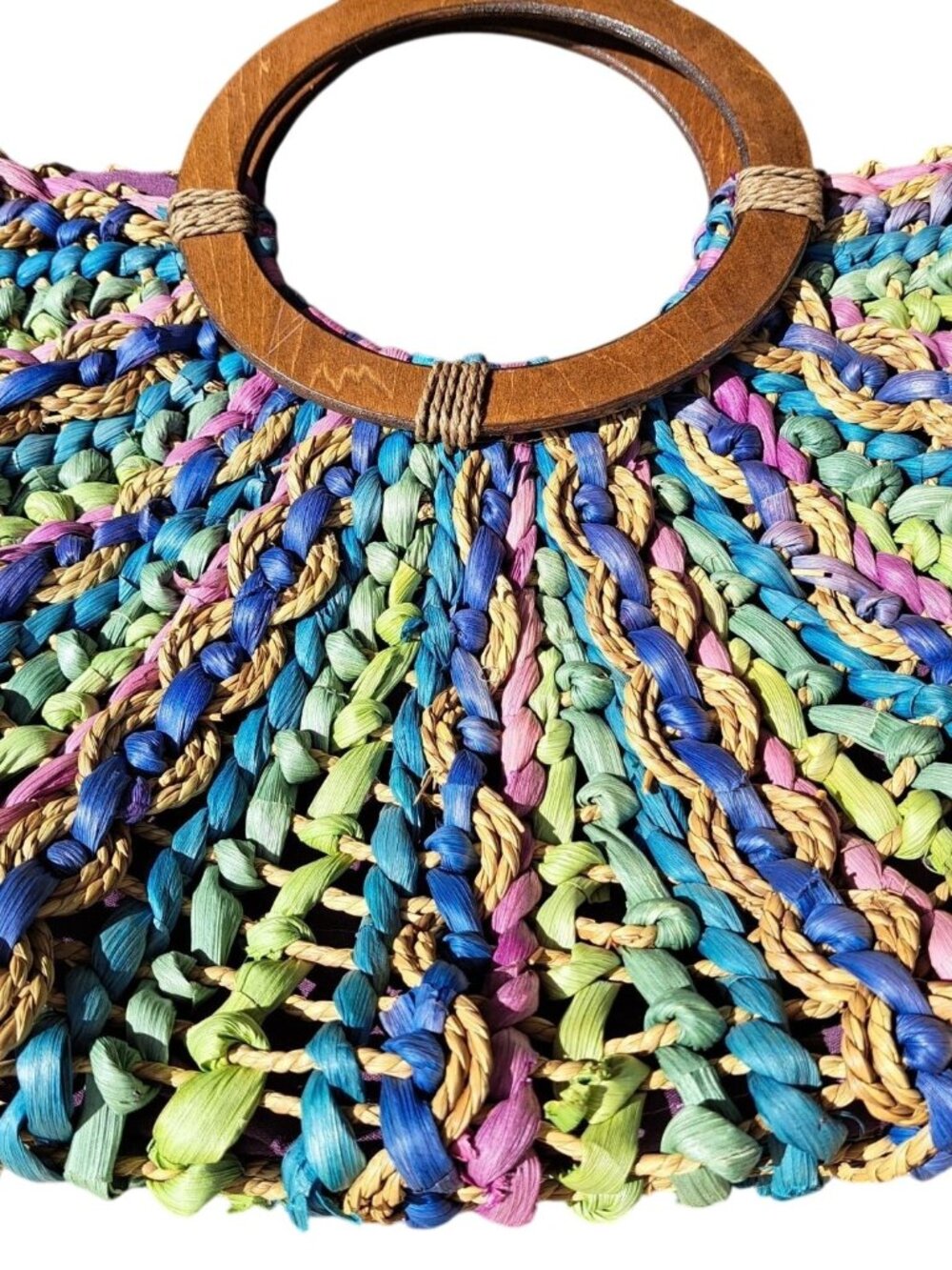 Cappelli Straworld Multicolor Straw Handbag Purse Wood Handle Rainbow Woven Tote